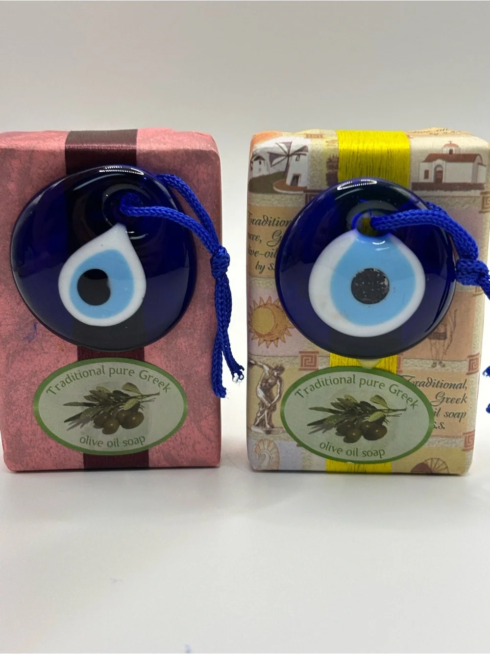 2Traditional Pure Greek Olive Oil Soap with Blue Turkish Evil Eye Charm Blue 2”